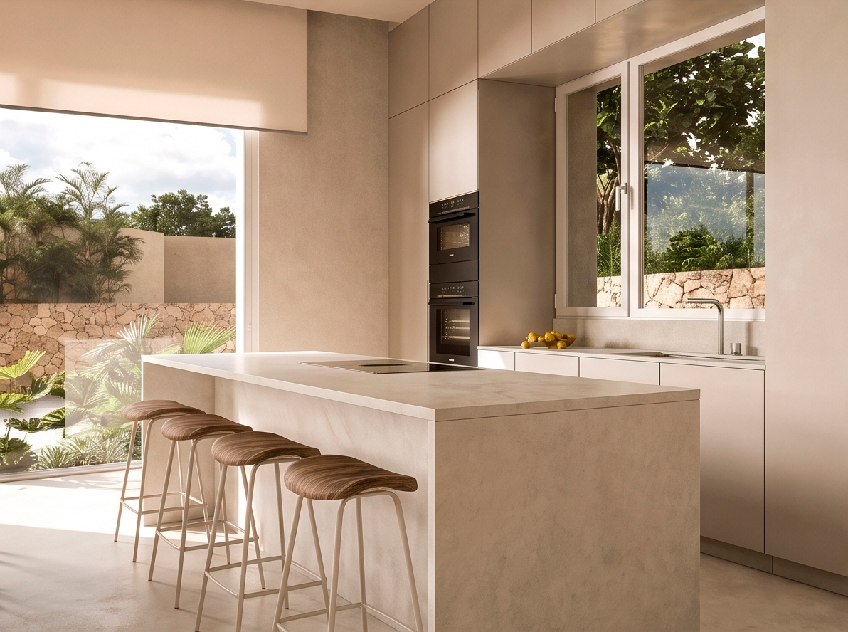 Isla de cocina de Marquesa House abierta al jardín