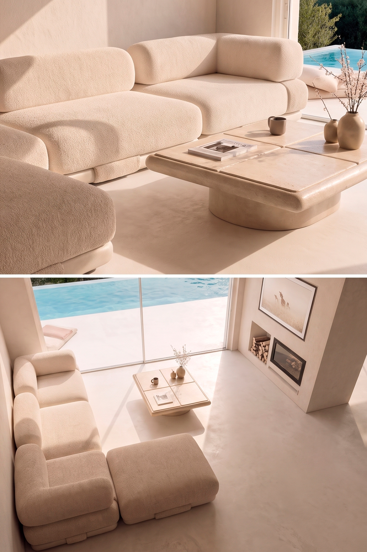 Detalles y vista elevada del salón de Marquesa House junto a la piscina