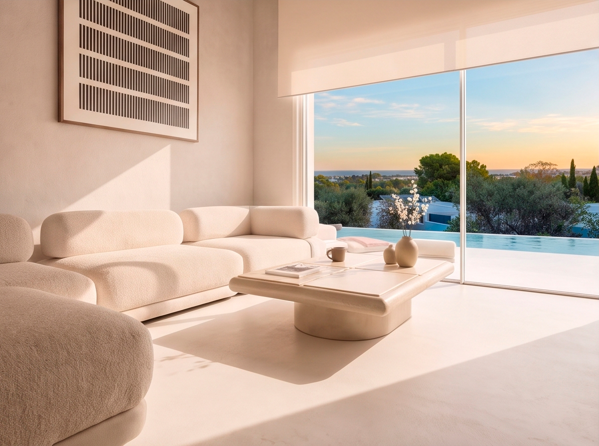 Salón de Marquesa House abierto a la piscina y con vistas al Mediterráneo