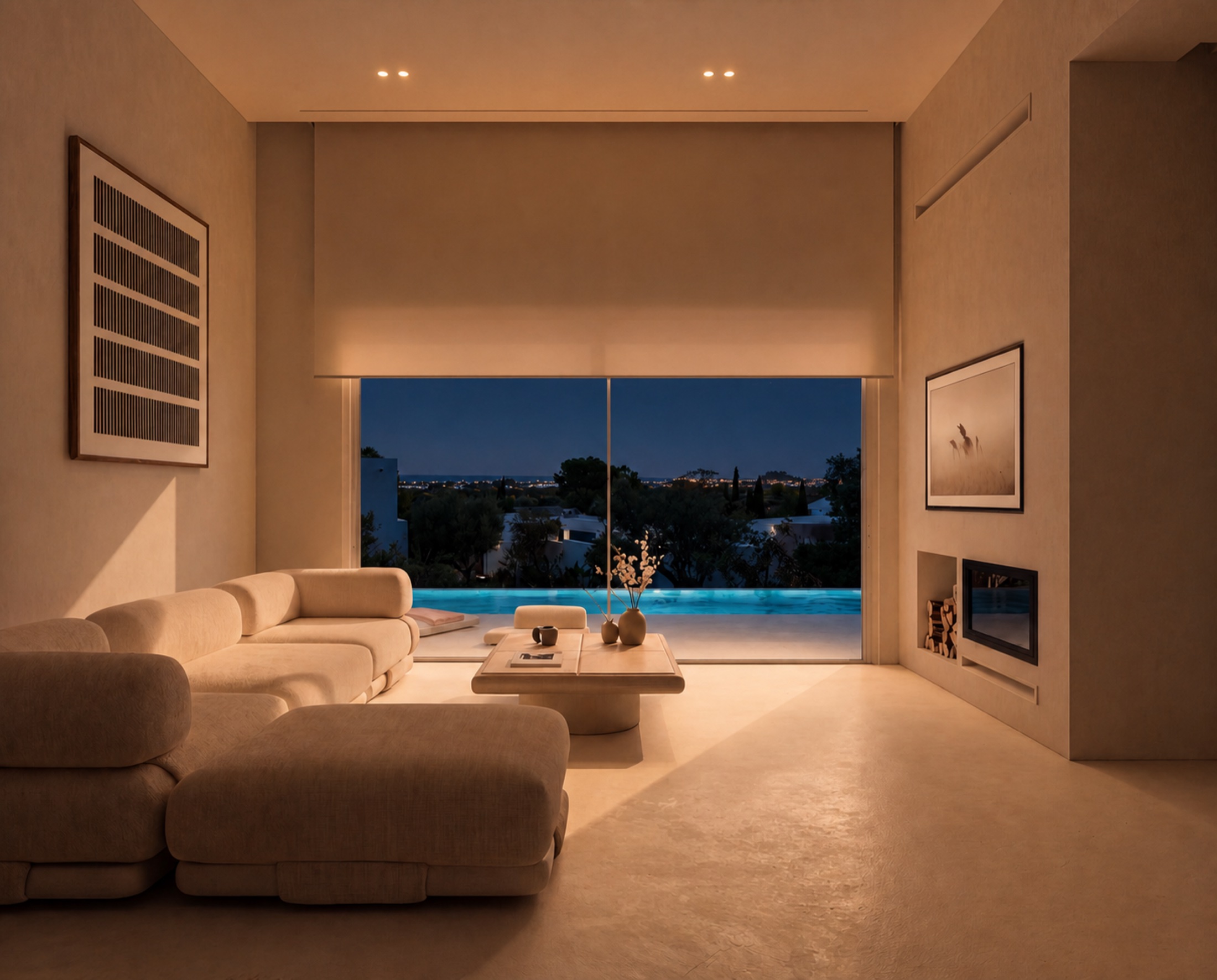Salón de noche frente a la piscina iluminada